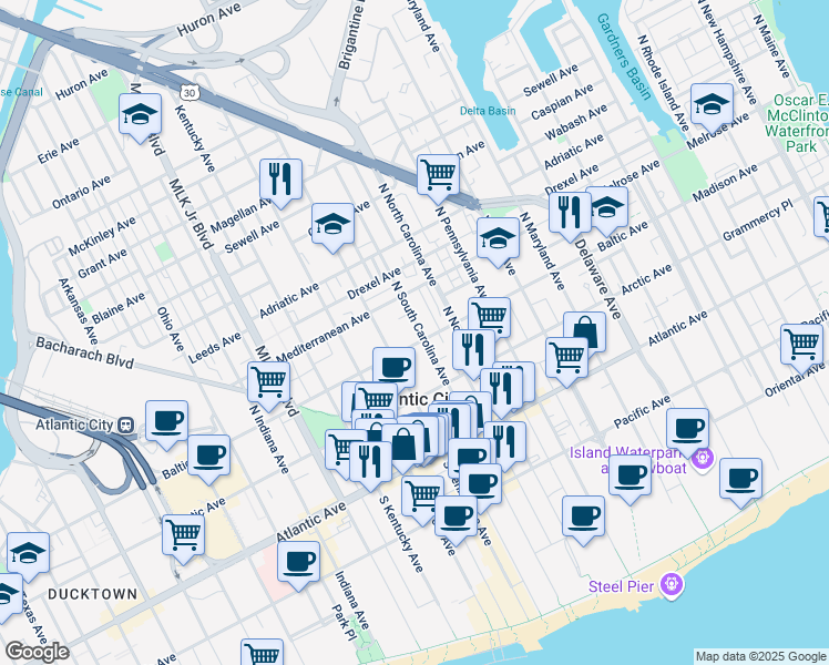 map of restaurants, bars, coffee shops, grocery stores, and more near 212 South Chalfonte Avenue in Atlantic City