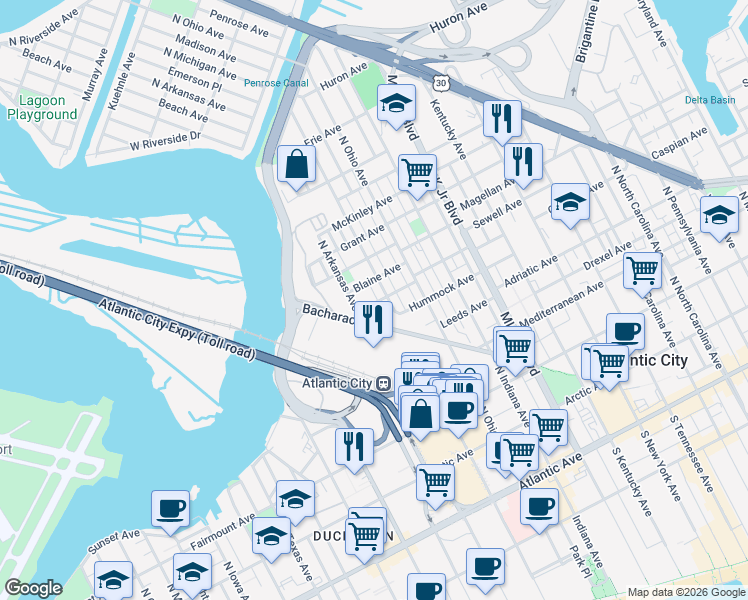 map of restaurants, bars, coffee shops, grocery stores, and more near 604 North Michigan Avenue in Atlantic City