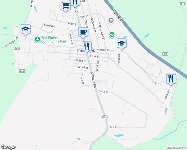 map of restaurants, bars, coffee shops, grocery stores, and more near 37S South Plains Road in The Plains