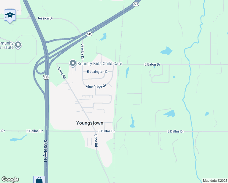 map of restaurants, bars, coffee shops, grocery stores, and more near 2307 Evergreen Court in Terre Haute