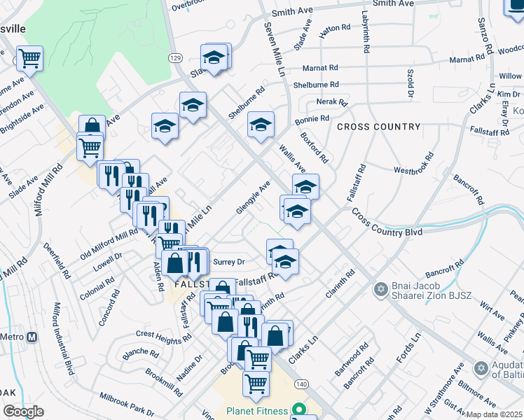 map of restaurants, bars, coffee shops, grocery stores, and more near 3631 Glengyle Avenue in Baltimore