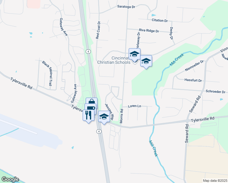 map of restaurants, bars, coffee shops, grocery stores, and more near 7897 Jessies Way in Hamilton