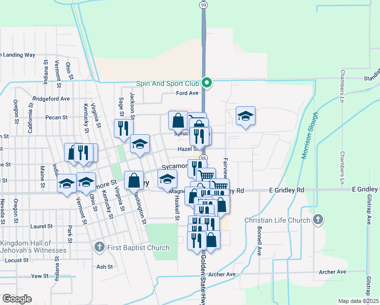 map of restaurants, bars, coffee shops, grocery stores, and more near 191 Hazel Street in Gridley