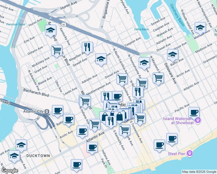 map of restaurants, bars, coffee shops, grocery stores, and more near 1416 A Mediterranean Ave in Atlantic City