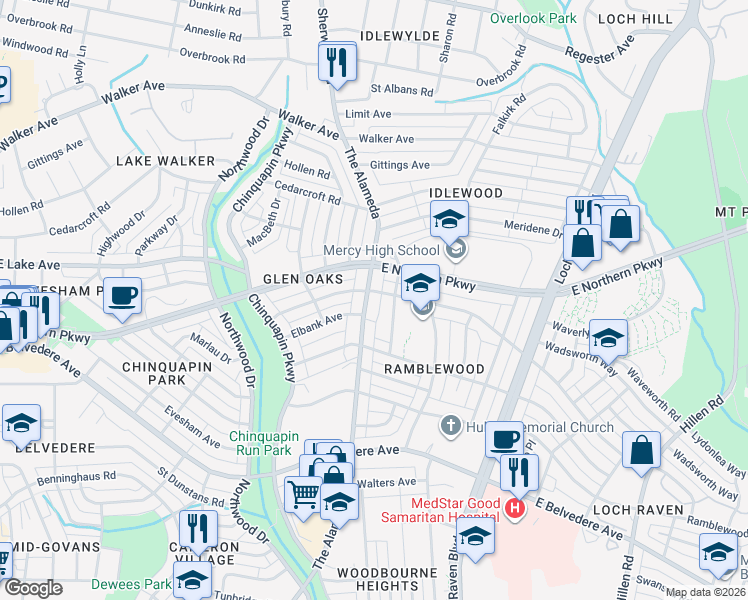 map of restaurants, bars, coffee shops, grocery stores, and more near 5945 The Alameda in Baltimore