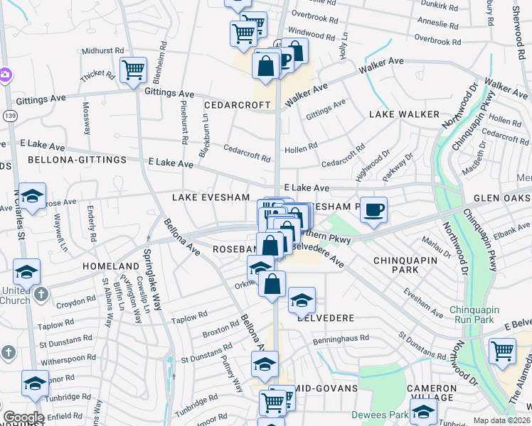 map of restaurants, bars, coffee shops, grocery stores, and more near 446 Evesham Avenue in Baltimore