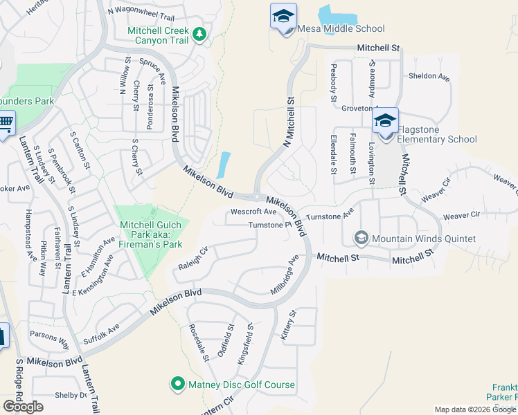 map of restaurants, bars, coffee shops, grocery stores, and more near 6187 Wescroft Avenue in Castle Rock