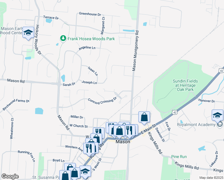 map of restaurants, bars, coffee shops, grocery stores, and more near 5166 Franklin Park Street in Mason