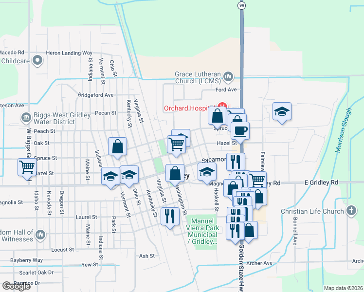 map of restaurants, bars, coffee shops, grocery stores, and more near 640 Jackson Street in Gridley