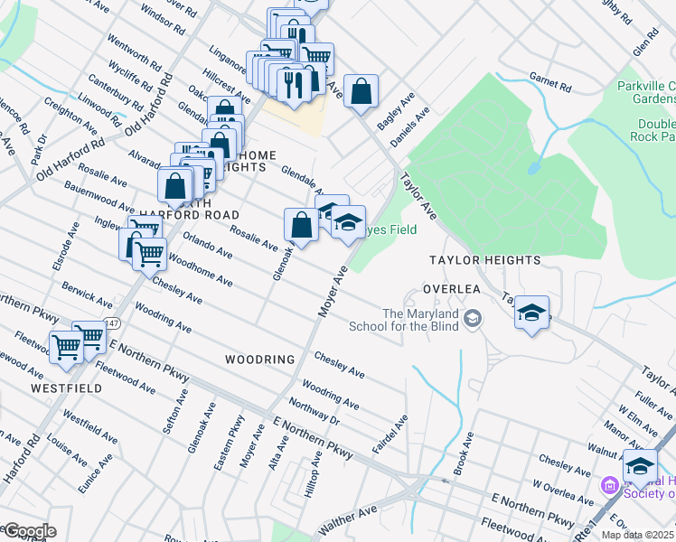 map of restaurants, bars, coffee shops, grocery stores, and more near 3228 Rosalie Avenue in Baltimore