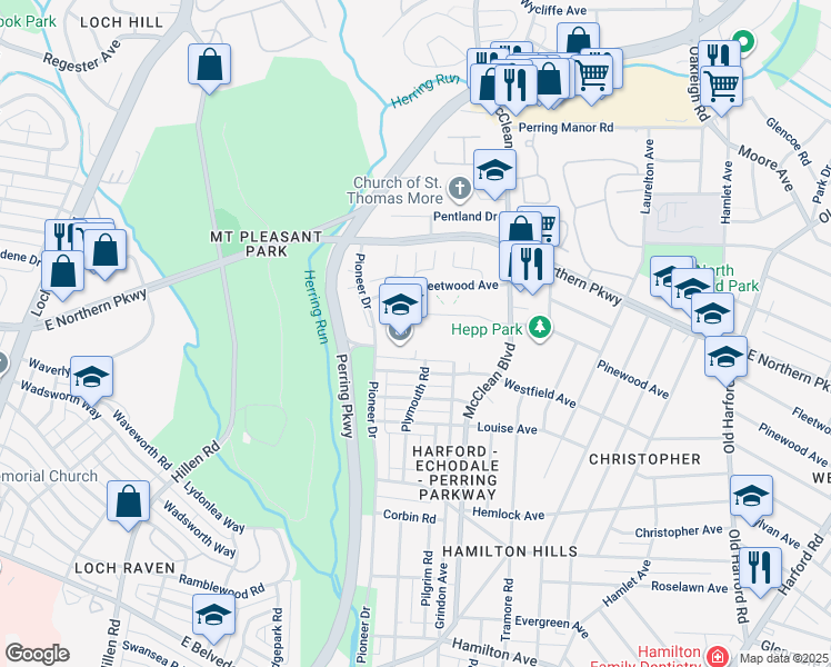 map of restaurants, bars, coffee shops, grocery stores, and more near 2201 Pinewood Avenue in Baltimore