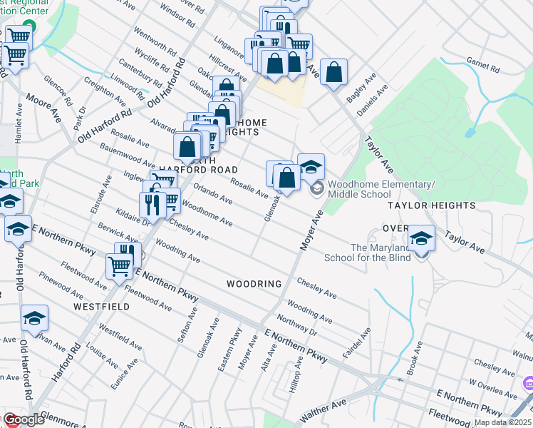 map of restaurants, bars, coffee shops, grocery stores, and more near 3132 Orlando Avenue in Baltimore