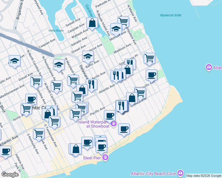 map of restaurants, bars, coffee shops, grocery stores, and more near 600 Atlantic Avenue in Atlantic City