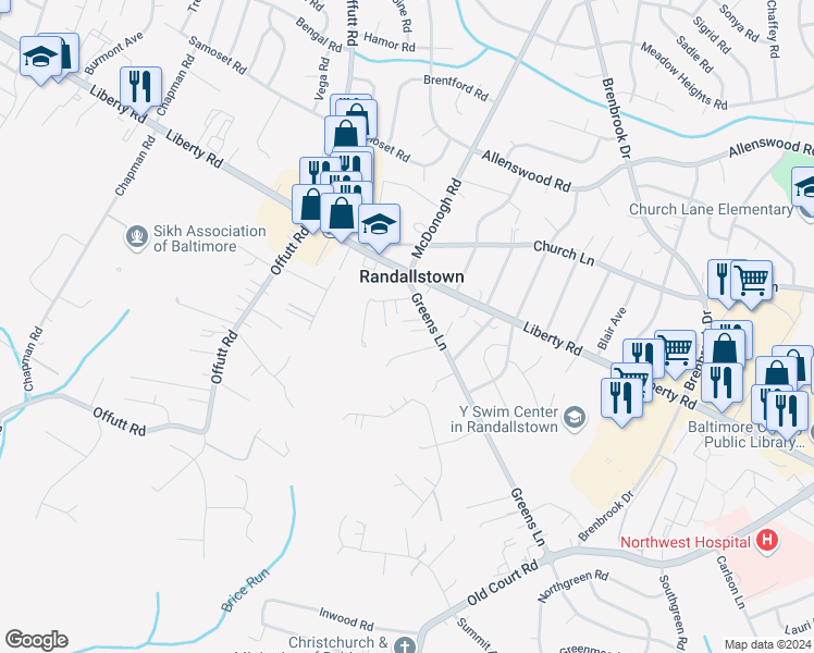 map of restaurants, bars, coffee shops, grocery stores, and more near 8935 Greens Lane in Randallstown