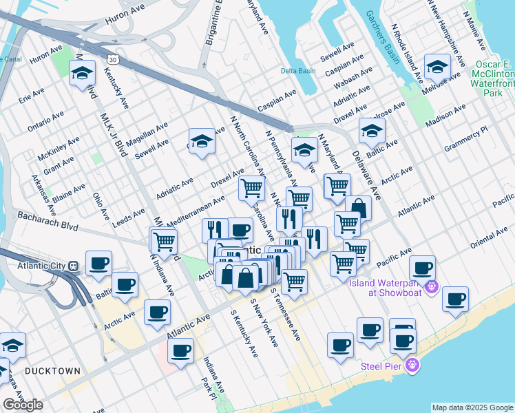 map of restaurants, bars, coffee shops, grocery stores, and more near 212 South Chalfonte Avenue in Atlantic City