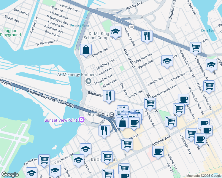 map of restaurants, bars, coffee shops, grocery stores, and more near 606 North Michigan Avenue in Atlantic City