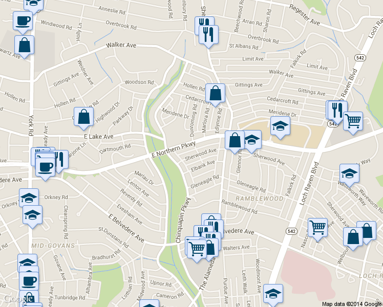 map of restaurants, bars, coffee shops, grocery stores, and more near 1122 Sherwood Avenue in Baltimore