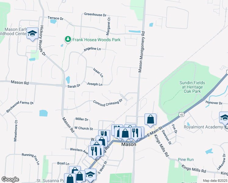 map of restaurants, bars, coffee shops, grocery stores, and more near 5196 Franklin Park Street in Mason