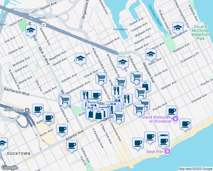 map of restaurants, bars, coffee shops, grocery stores, and more near 212 South Chalfonte Avenue in Atlantic City