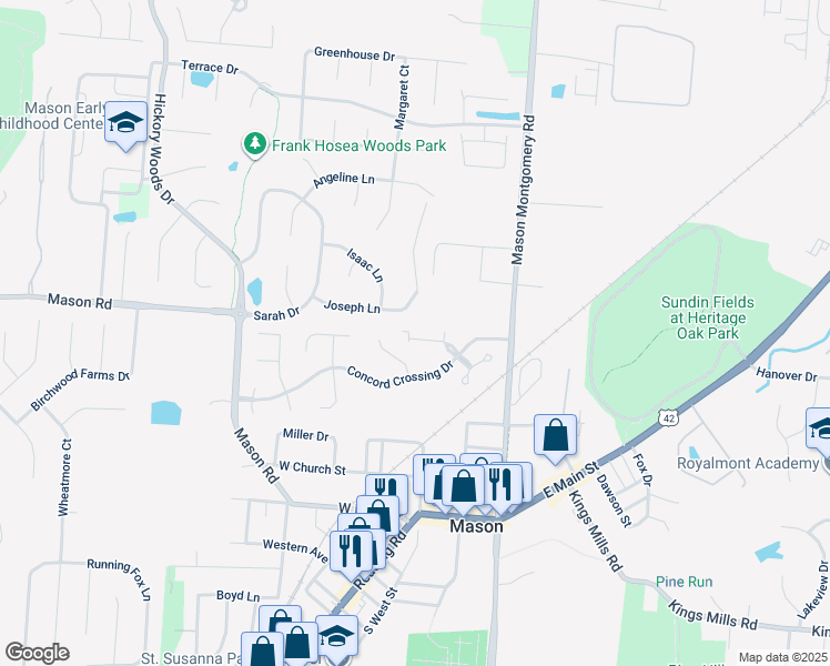 map of restaurants, bars, coffee shops, grocery stores, and more near 5196 Franklin Park Street in Mason