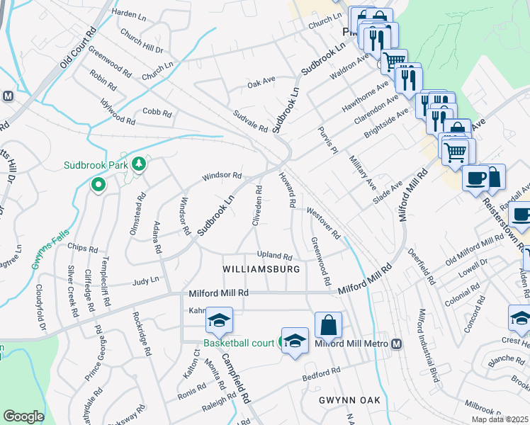 map of restaurants, bars, coffee shops, grocery stores, and more near 713 Cliveden Road in Pikesville