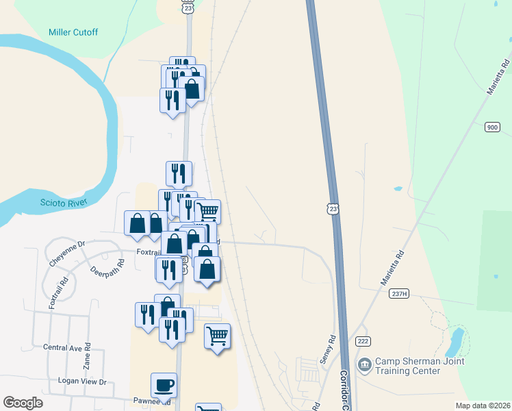 map of restaurants, bars, coffee shops, grocery stores, and more near 281 Seney Road in Chillicothe