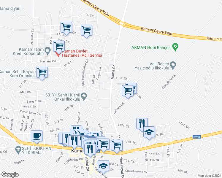 map of restaurants, bars, coffee shops, grocery stores, and more near Hamit Cd in Kaman