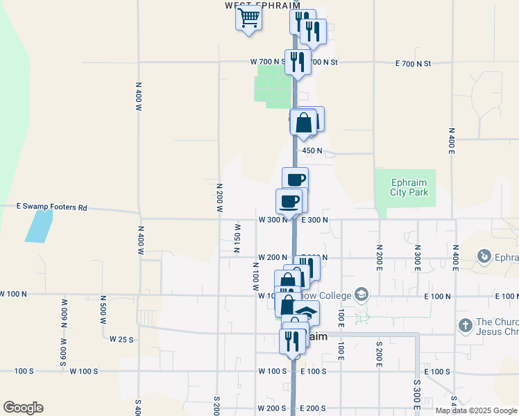 map of restaurants, bars, coffee shops, grocery stores, and more near 340 North 100 West in Ephraim