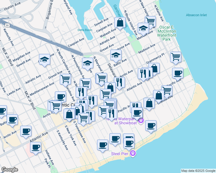 map of restaurants, bars, coffee shops, grocery stores, and more near 44 North Maryland Avenue in Atlantic City