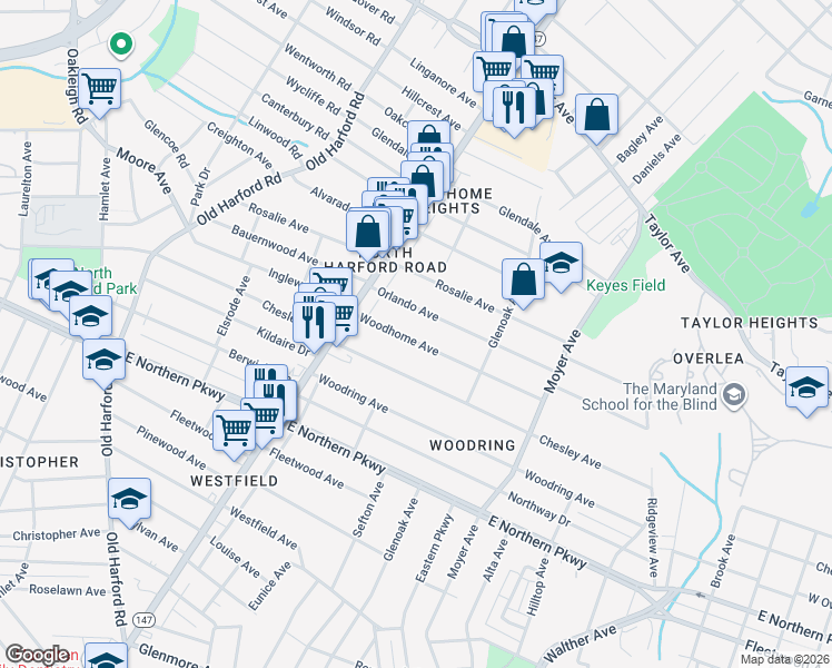 map of restaurants, bars, coffee shops, grocery stores, and more near 3102 Woodhome Avenue in Baltimore