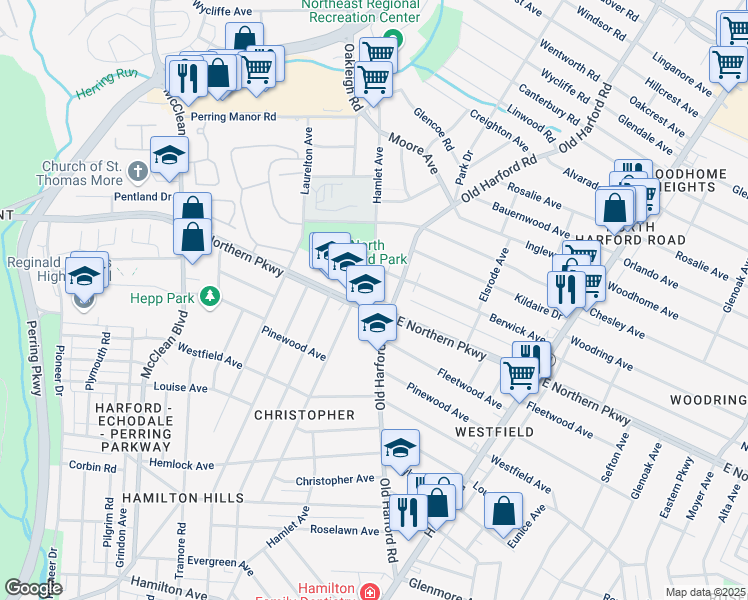 map of restaurants, bars, coffee shops, grocery stores, and more near 2630 East Northern Parkway in Baltimore