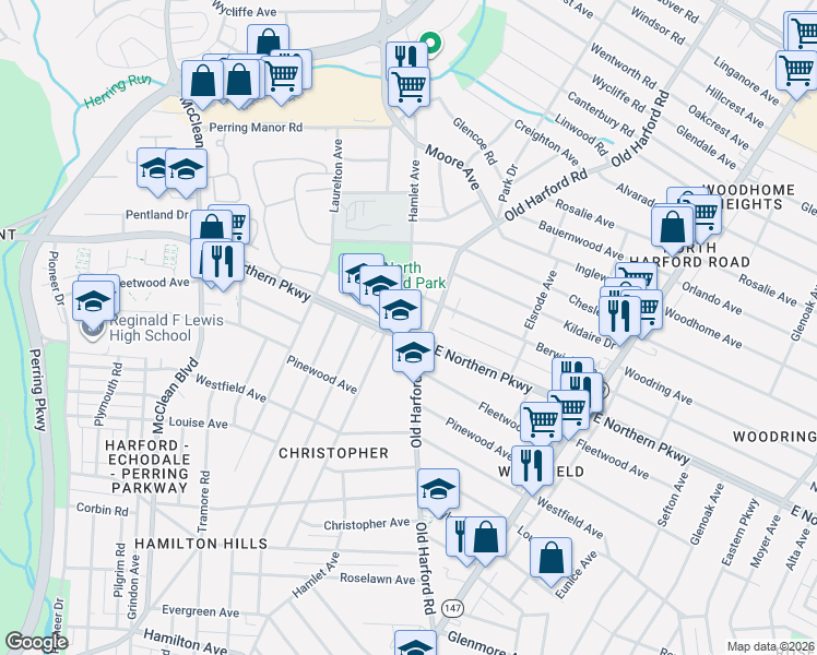 map of restaurants, bars, coffee shops, grocery stores, and more near 2624 East Northern Parkway in Baltimore