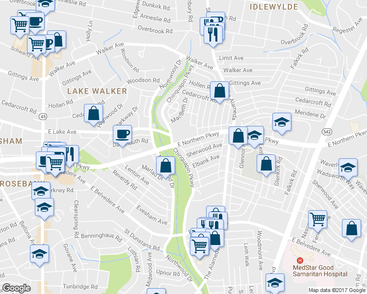 map of restaurants, bars, coffee shops, grocery stores, and more near 1103 East Northern Parkway in Baltimore