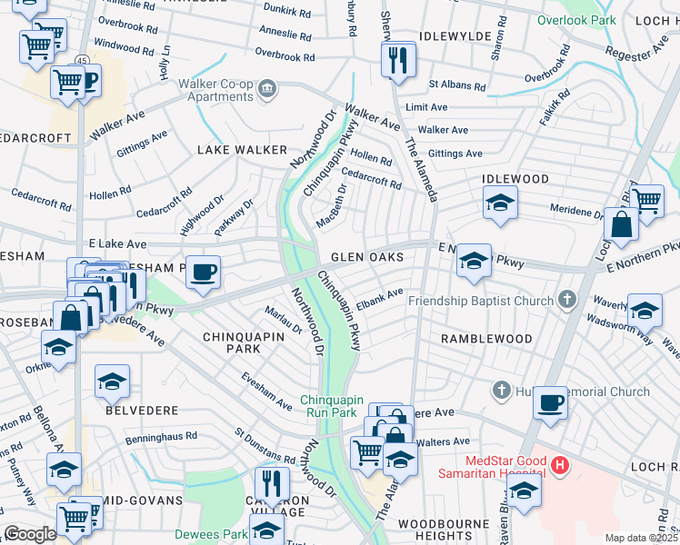map of restaurants, bars, coffee shops, grocery stores, and more near 1103 East Northern Parkway in Baltimore
