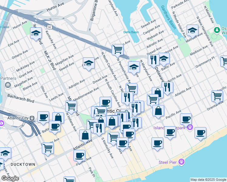 map of restaurants, bars, coffee shops, grocery stores, and more near 212 South Chalfonte Avenue in Atlantic City
