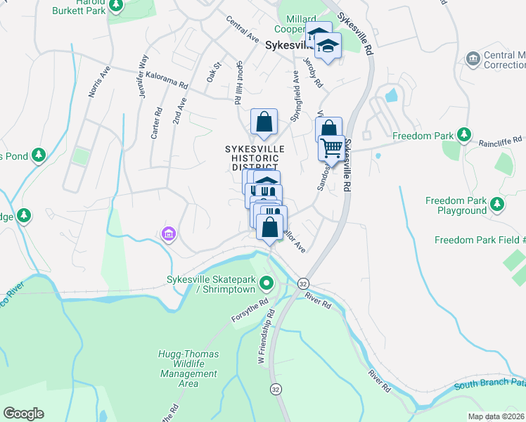 map of restaurants, bars, coffee shops, grocery stores, and more near 7525 Main St in Sykesville