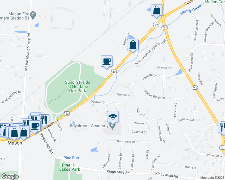 map of restaurants, bars, coffee shops, grocery stores, and more near 4388 Marival Way in Mason