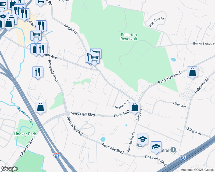 map of restaurants, bars, coffee shops, grocery stores, and more near 4629 Ridge Road in Baltimore