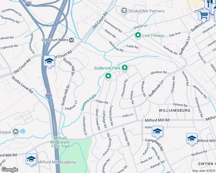 map of restaurants, bars, coffee shops, grocery stores, and more near 824 Cliffedge Road in Pikesville