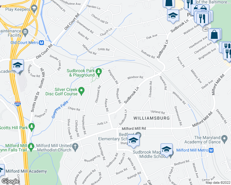 map of restaurants, bars, coffee shops, grocery stores, and more near 910 Windsor Road in Pikesville
