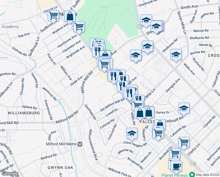 map of restaurants, bars, coffee shops, grocery stores, and more near 312 Reisterstown Road in Pikesville