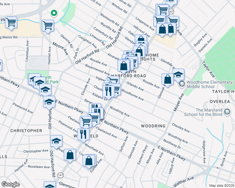 map of restaurants, bars, coffee shops, grocery stores, and more near 6915 Harford Road in Baltimore