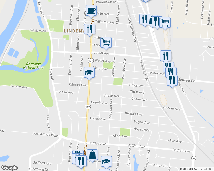 map of restaurants, bars, coffee shops, grocery stores, and more near 727 Clinton Avenue in Hamilton