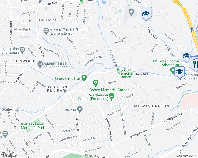 map of restaurants, bars, coffee shops, grocery stores, and more near 2226 Crest Road in Baltimore