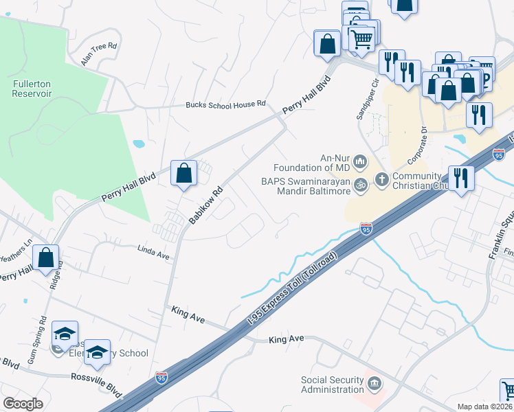 map of restaurants, bars, coffee shops, grocery stores, and more near 5032 Springhouse Circle in Rosedale