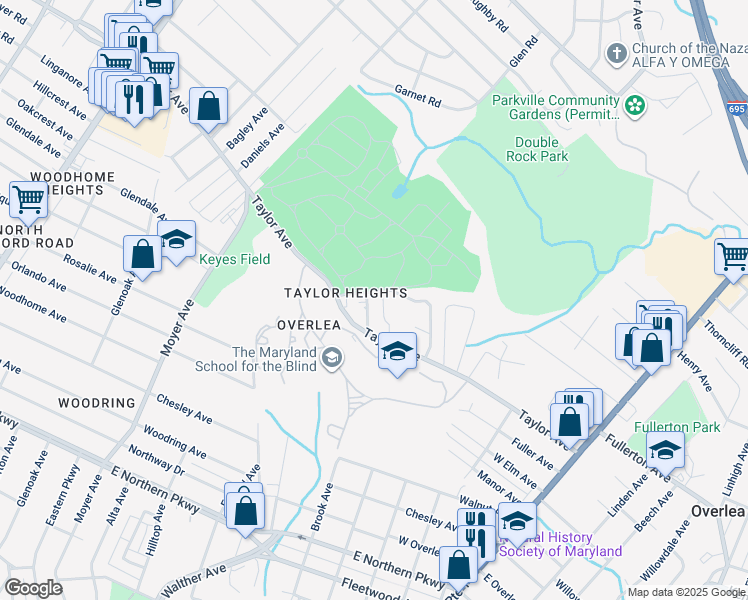 map of restaurants, bars, coffee shops, grocery stores, and more near 7707 Fredkert Avenue in Baltimore