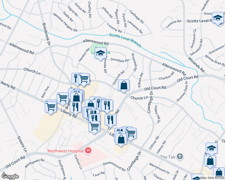 map of restaurants, bars, coffee shops, grocery stores, and more near 8615 Church Lane in Randallstown
