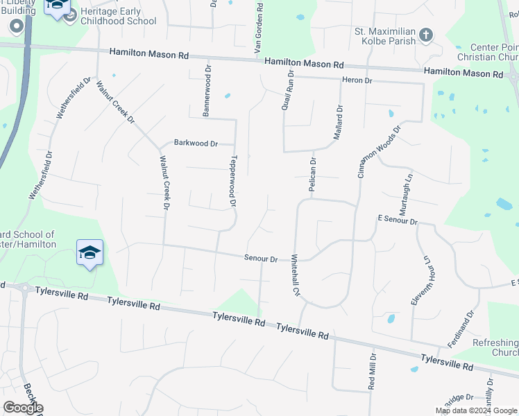 map of restaurants, bars, coffee shops, grocery stores, and more near 7559 Doe View Drive in Butler County
