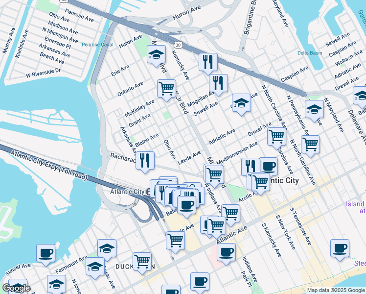 map of restaurants, bars, coffee shops, grocery stores, and more near 1805 Leeds Avenue in Atlantic City