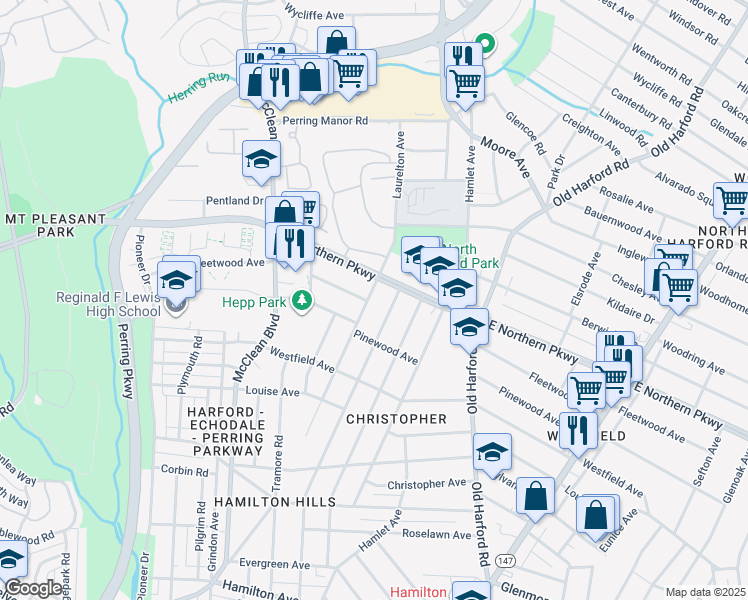 map of restaurants, bars, coffee shops, grocery stores, and more near 6601 Laurelton Avenue in Baltimore